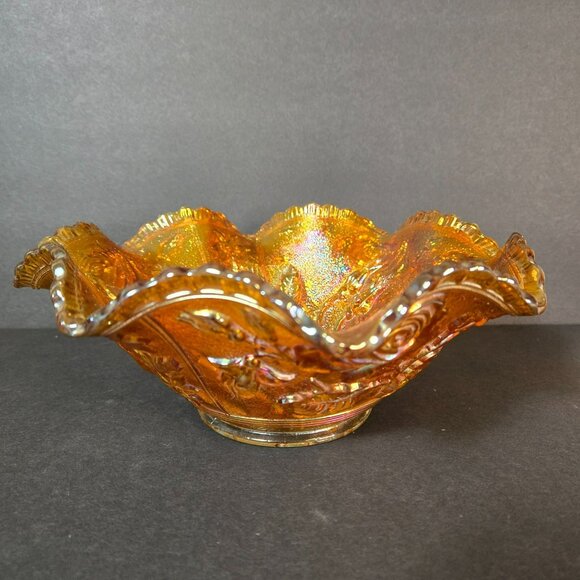 Vtg Imperial Glass American Beauty Open Rose Marigold Riffle Carnival Glass Bowl - Picture 3 of 14